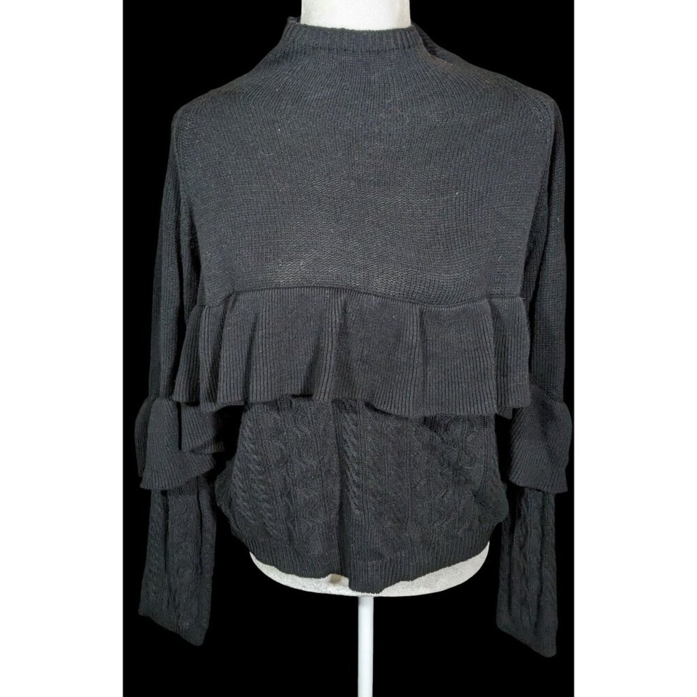 Project Naadam Mock Neck Black Ruffle Accent Cable Knit Sweater